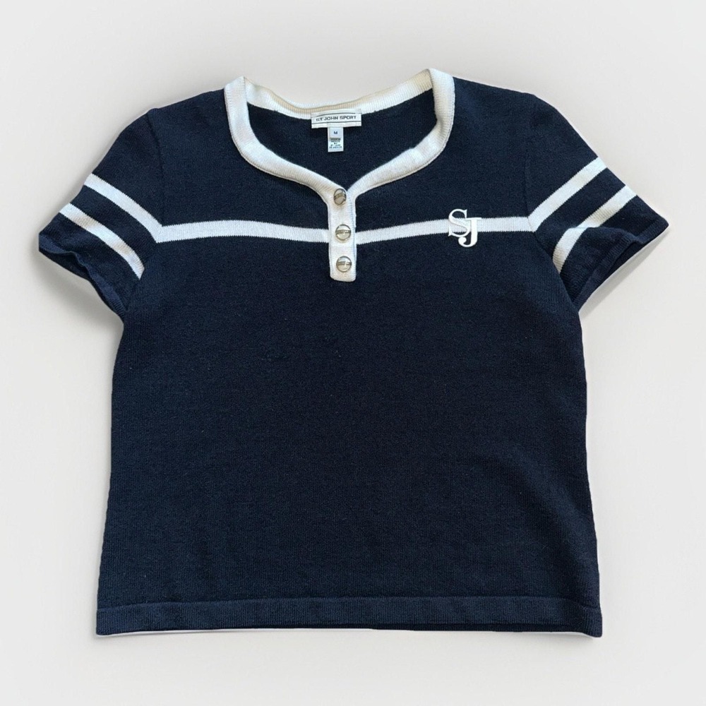 St John Sport Women M Navy Blue White Wool Blend Short Sleeve Henley Sweater EUC